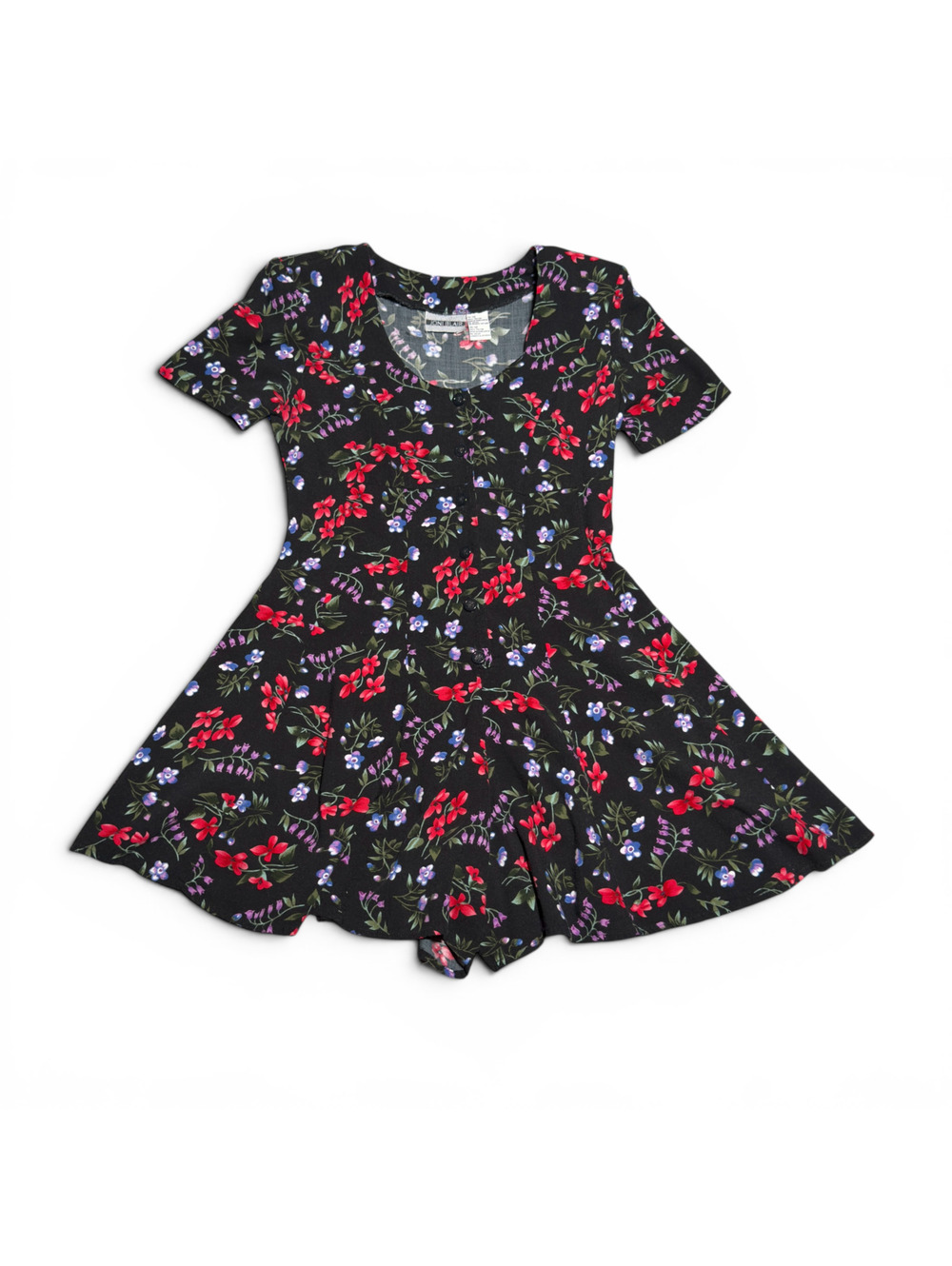 Vintage Joni Blair Black Floral Rayon Short Sleeve Skater Dress Size 11/12